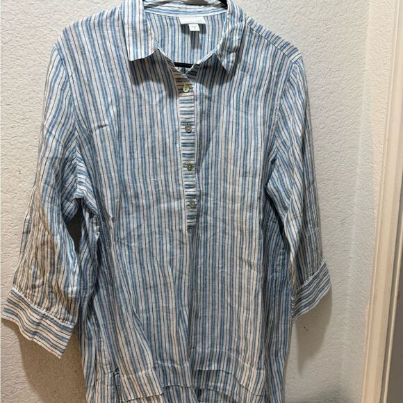 J. Jill Pure Jill Linen Cotton Striped Beachy Neutral Tunic Boho Size Medium - Picture 2 of 4